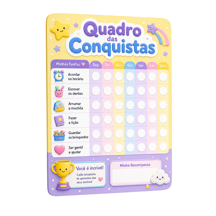 Mockup do Quadro das Conquistas com adesivos e tarefas coloridas